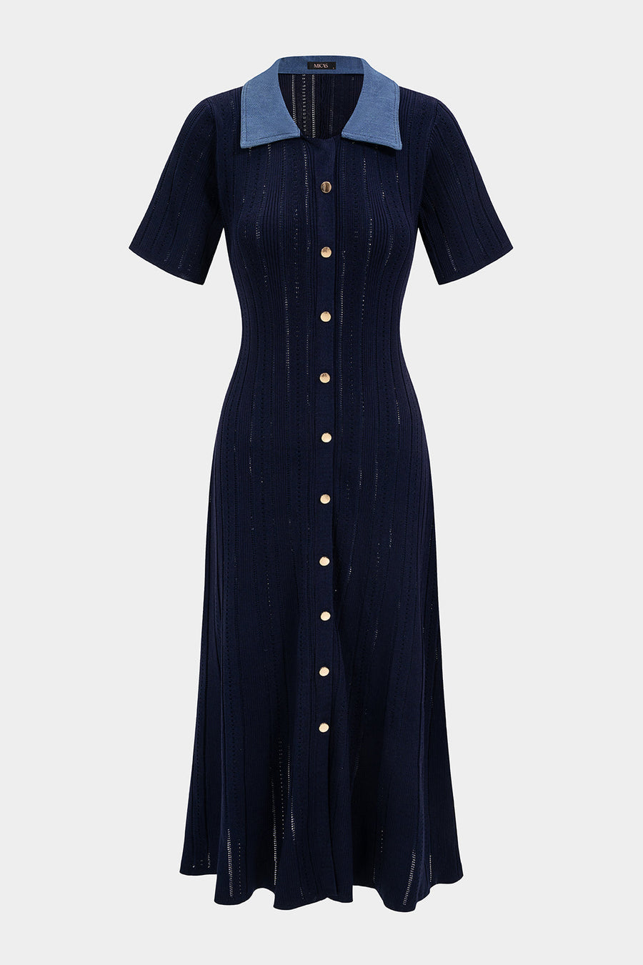 Open Knit Patchwork Denim Lapel Button Short Sleeve Maxi Dress