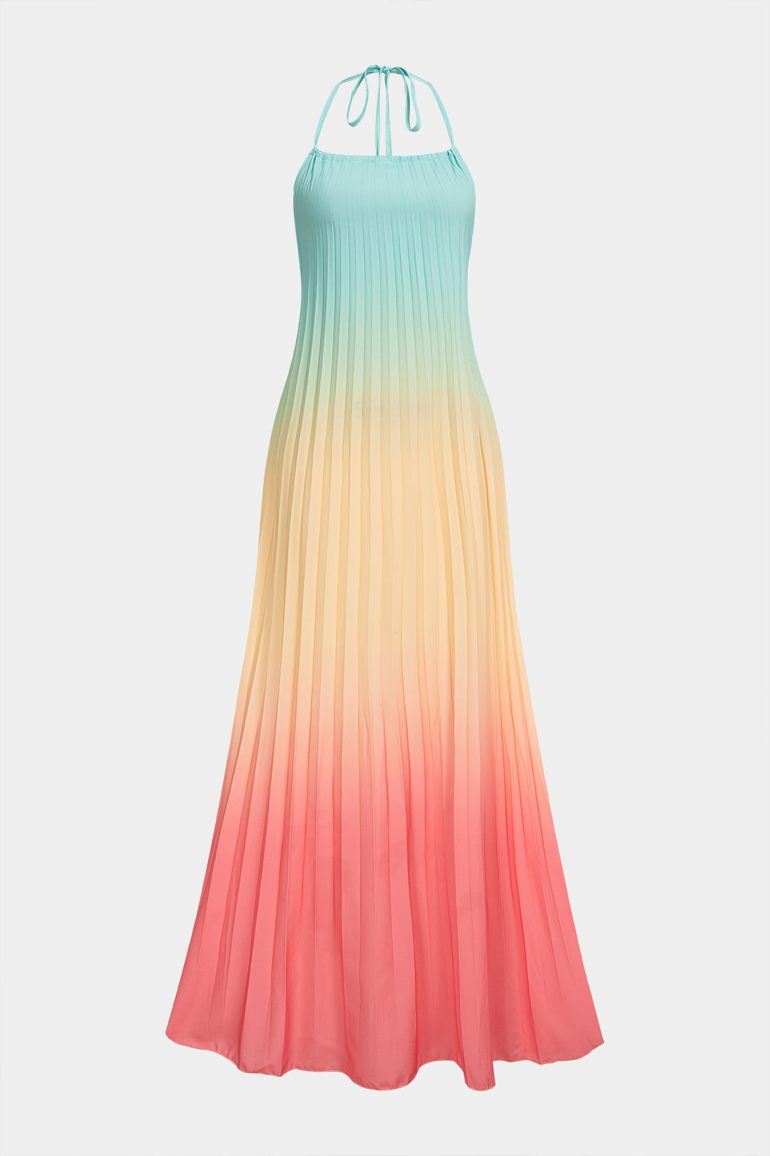 Ombre Print Halter Tie Back Backless Pleated Sleeveless Maxi Dress