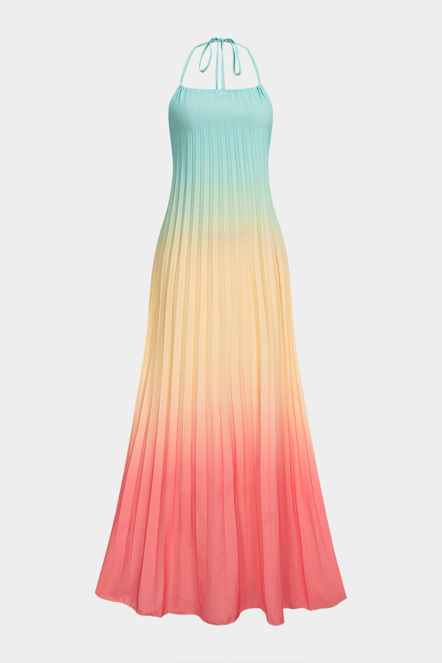 Ombre Print Halter Tie Back Backless Pleated Sleeveless Maxi Dress