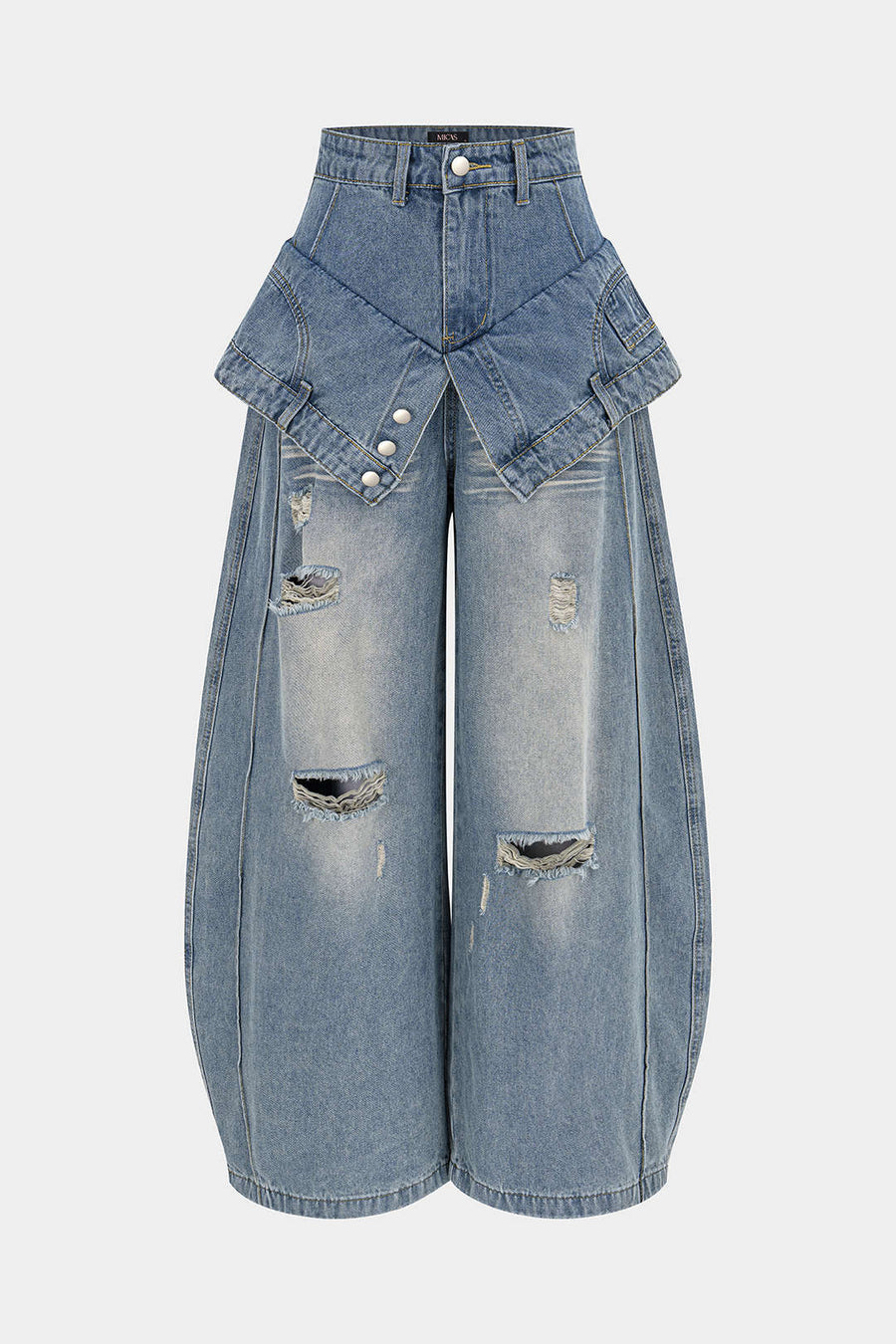Denim Double Waistband Asymmetrical Ripped Wide Leg Jeans