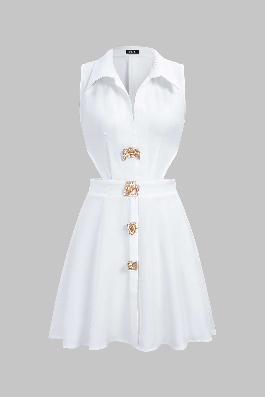 Lapel Metallic Irregular Button Cut Out Sleeveless Mini Dress