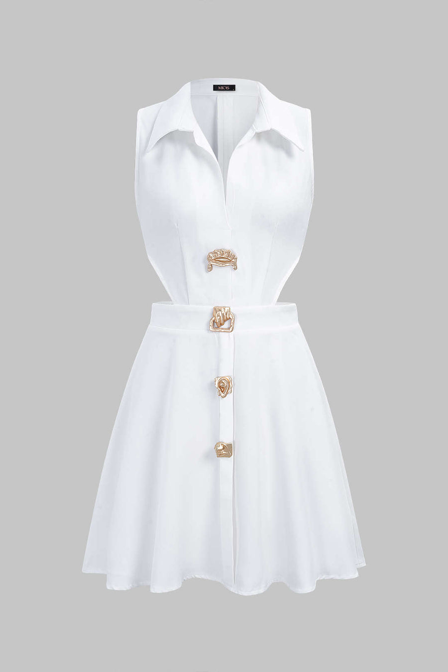 Lapel Metallic Irregular Button Cut Out Sleeveless Mini Dress