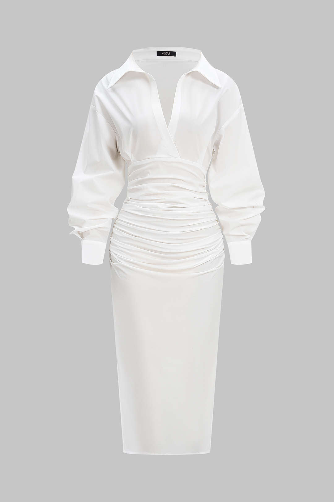 Solid Ruched Long Sleeve Midi Dress