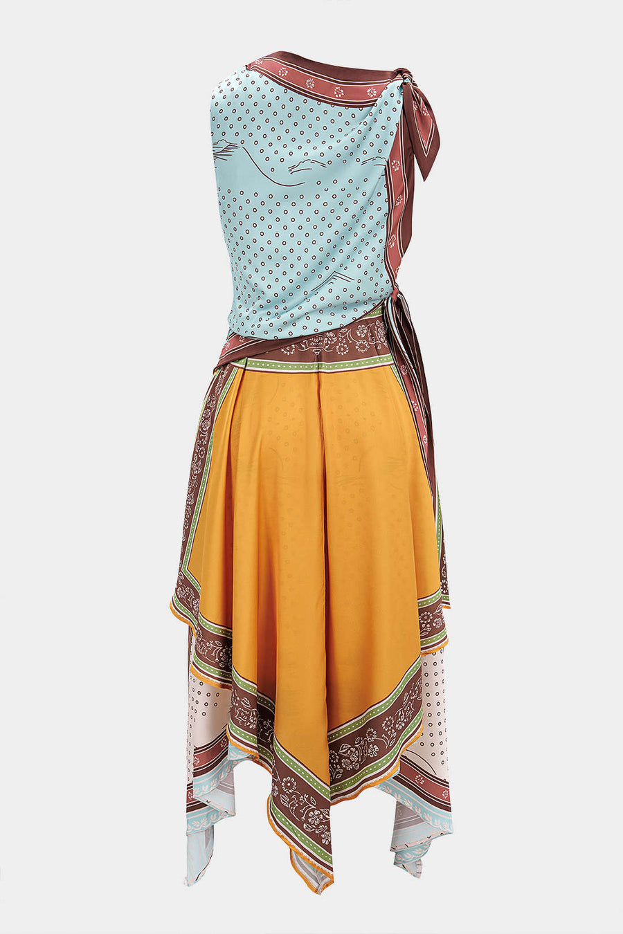 Contrast Polka Dots Print Tie-Up Asymmetrical Sleeveless Midi Dress
