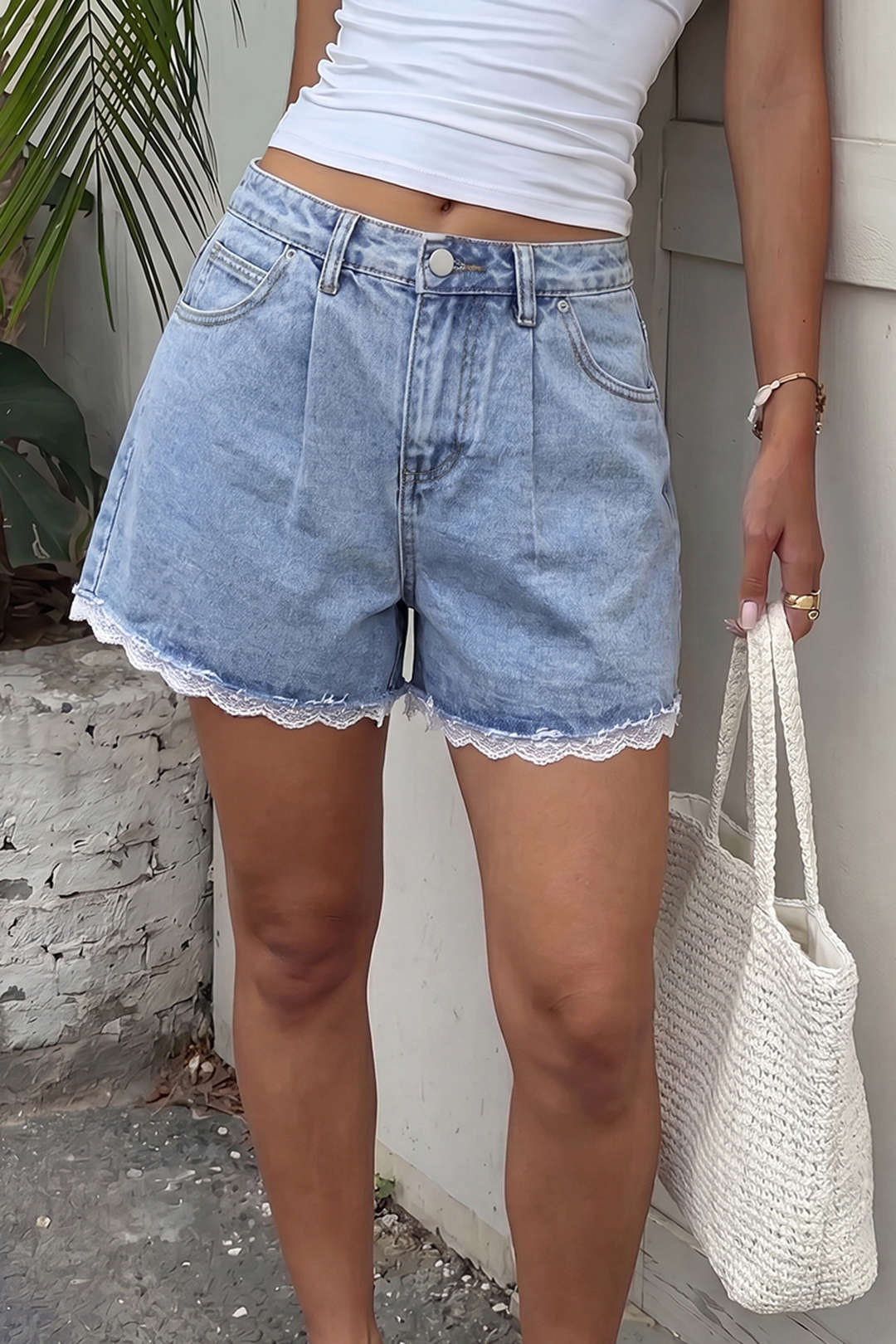 Denim Patchwork Lace Trim High Waist Wide Leg Shorts