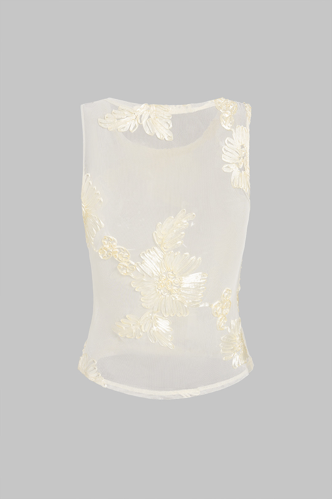 Mesh Sheer Embroidery Sleeveless T-Shirt