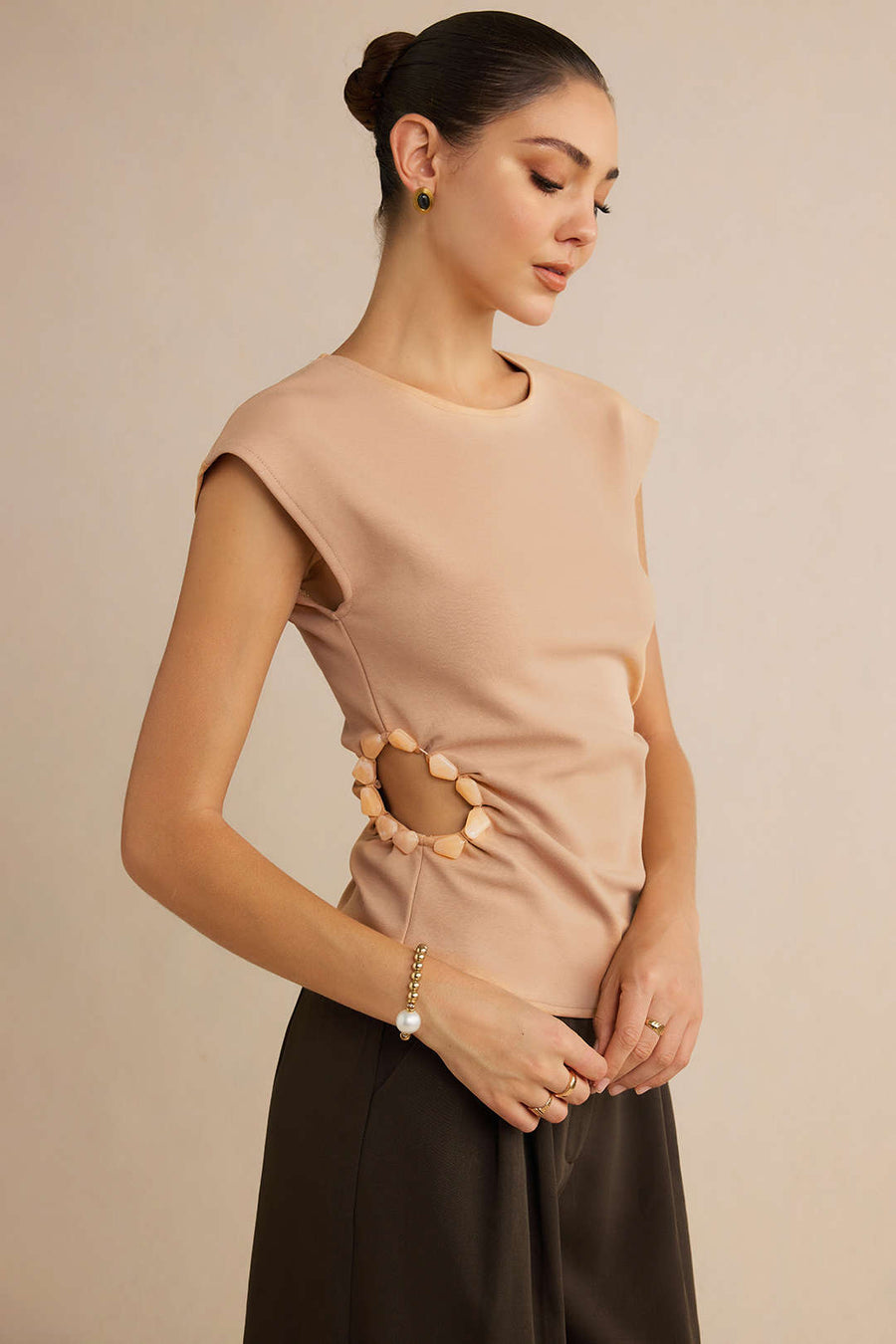 Round Neck Asymmetrical Beaded Cut Out T-Shirt