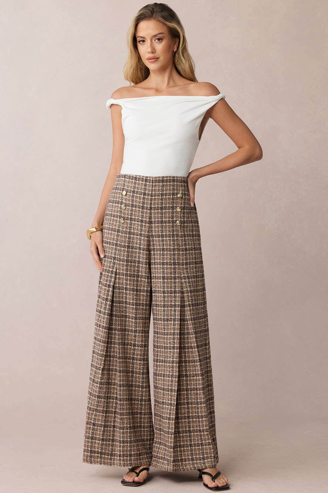 Plaid Print Double Breasted High Waist Pants