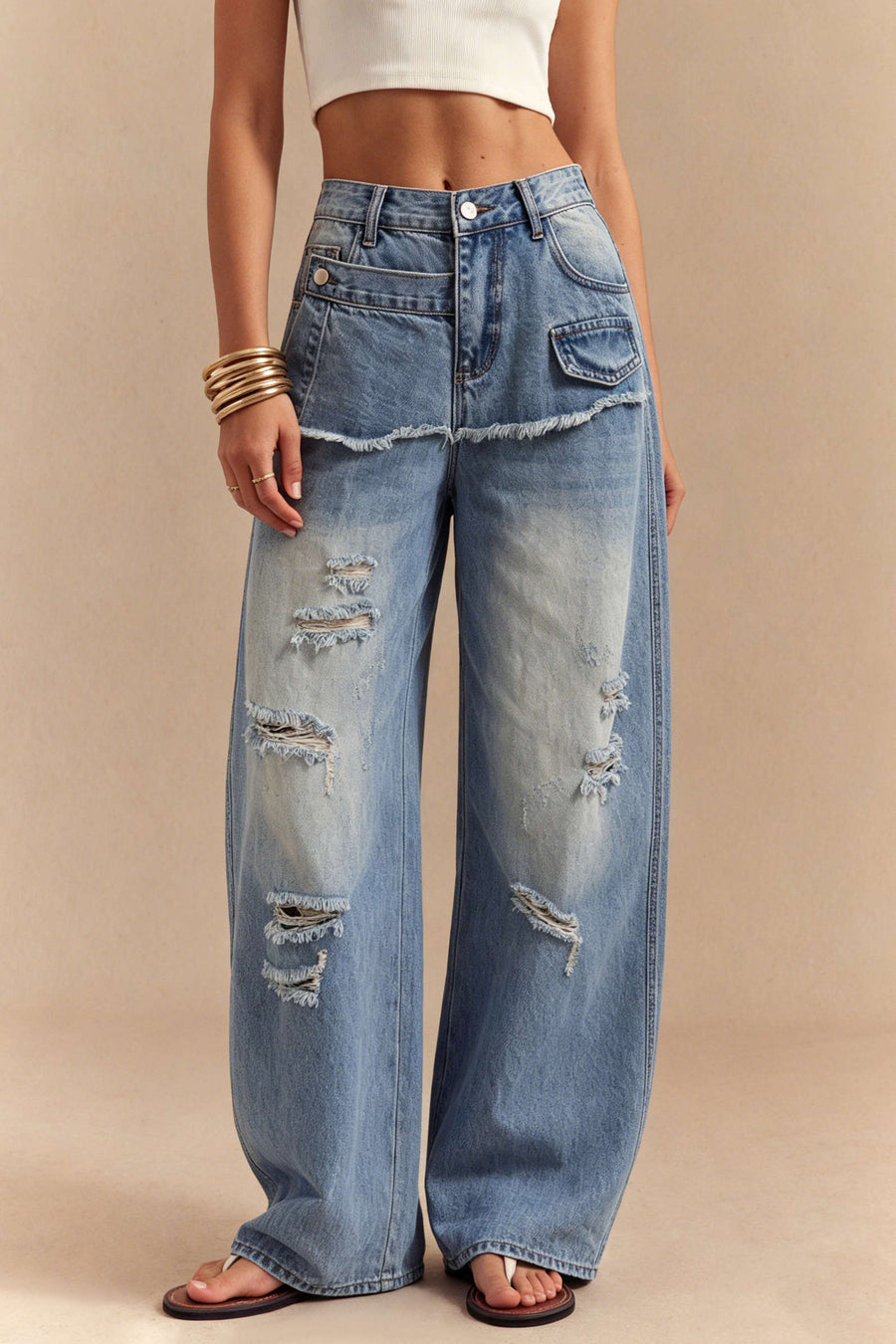 Denim Asymmetrical Frayed Ripped Wide Leg Jeans