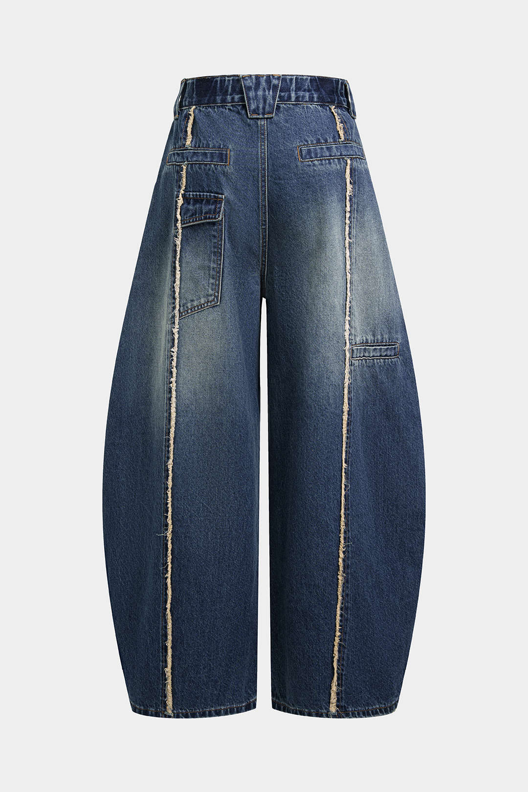 Denim Fringe Asymmetrical Pocket Horseshoe Jeans