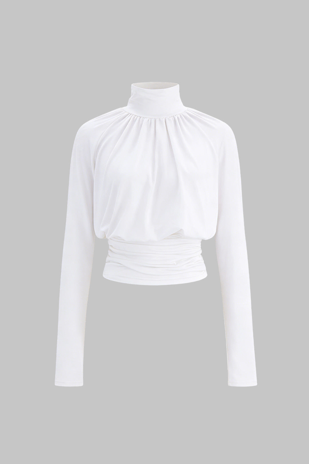 Basic Faux Leather High Collar Wrinkled Long Sleeve T-Shirt