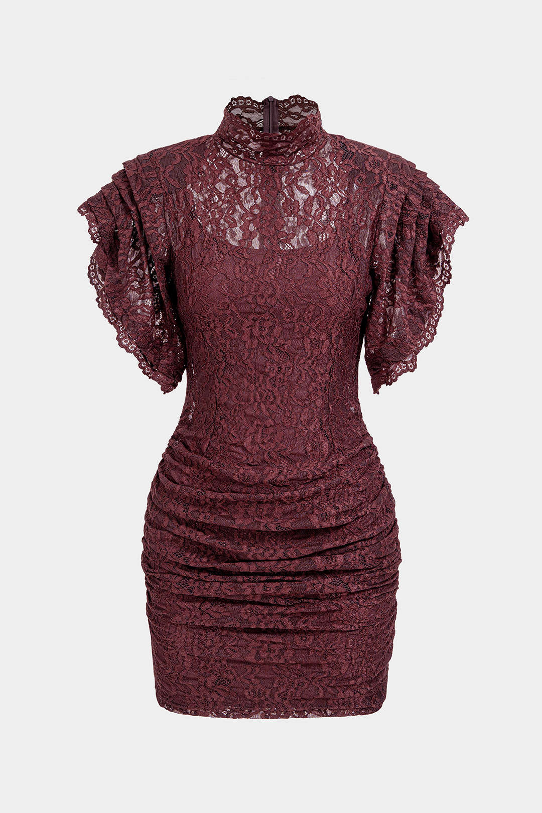 Sheer Lace Mock Neck Ruched Short Sleeve Mini Dress