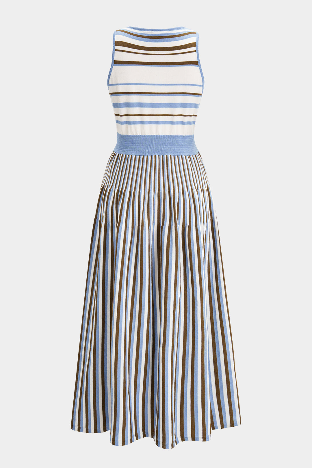 Knit Stripes Print Round Neck Sleeveless Midi Dress
