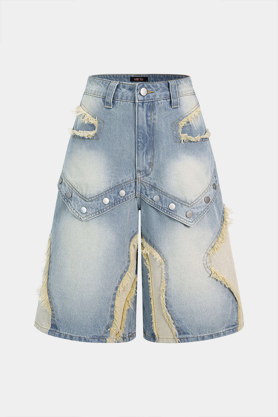 Denim-shortsit, kontrastiväriset, repäisyreunaiset ja napit