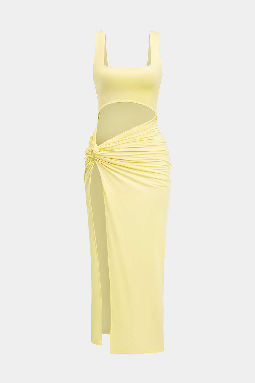 Solid Twist Front Cut Out Slit Midi Dress