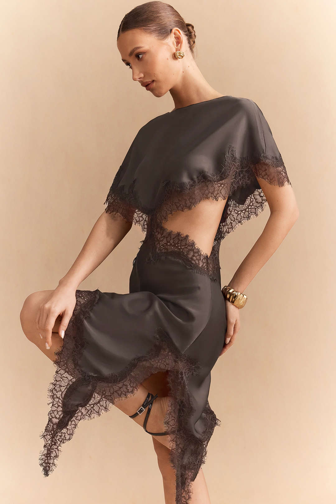 Satin Patchwork Lace Trim Cut Out Short Sleeve Midi Dress