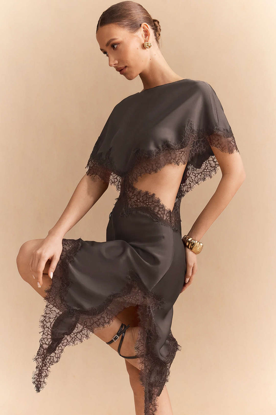 Satin Patchwork Lace Trim Cut Out Short Sleeve Midi Dress
