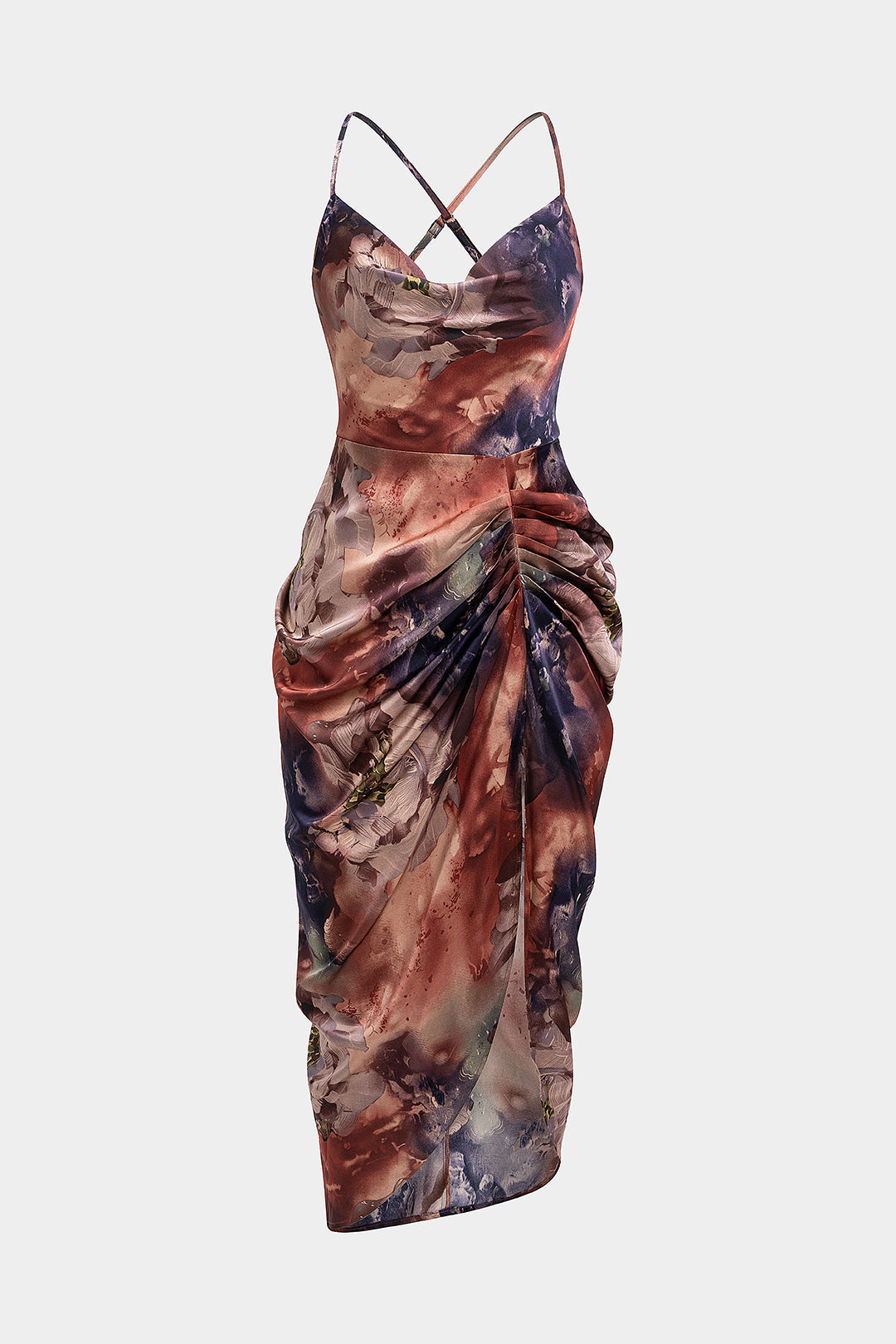 Floral Print Satin Draped Cowl Neck Asymmetrical Ruched Sleeveless Midi Dress