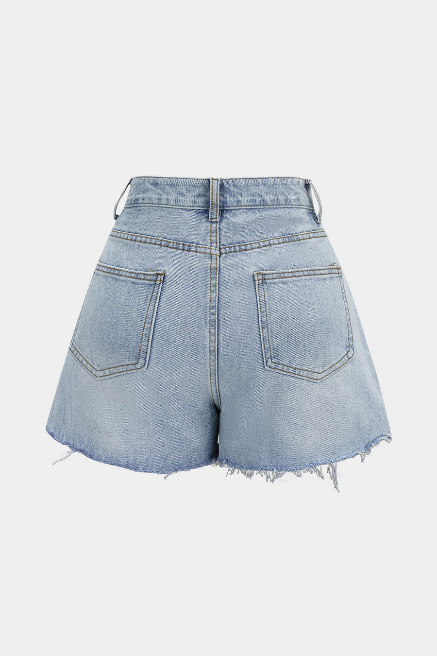 Denim Patchwork Lace Asymmetrical Frayed Shorts