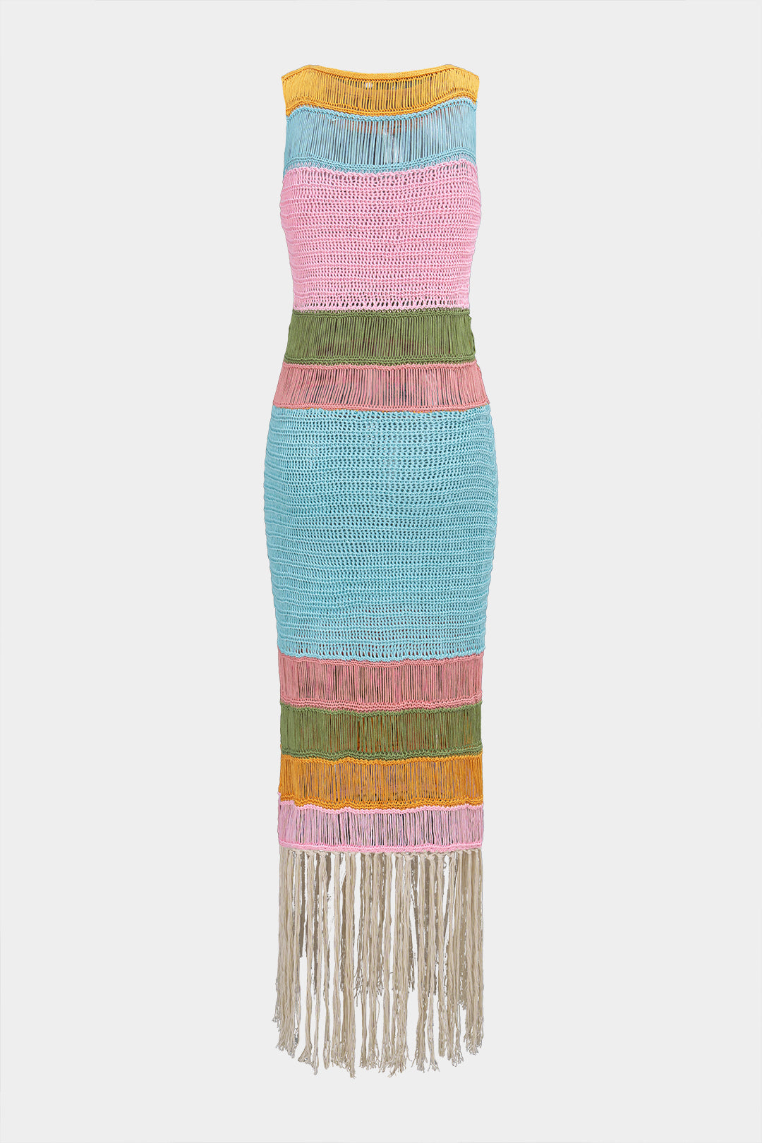 Open Knit Multicolor Round Neck Fringe Sleeveless Midi Dress