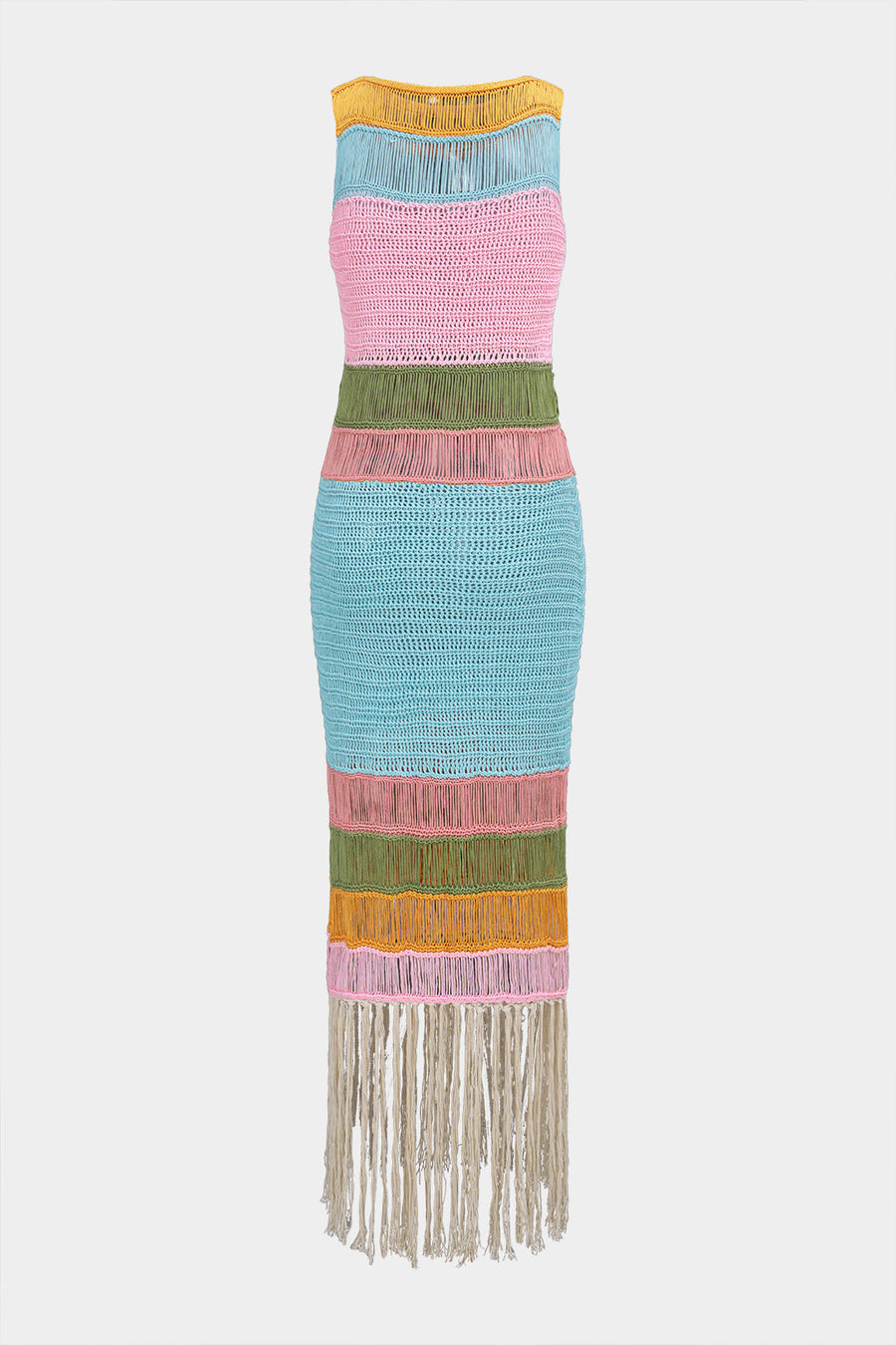 Open Knit Multicolor Round Neck Fringe Sleeveless Midi Dress