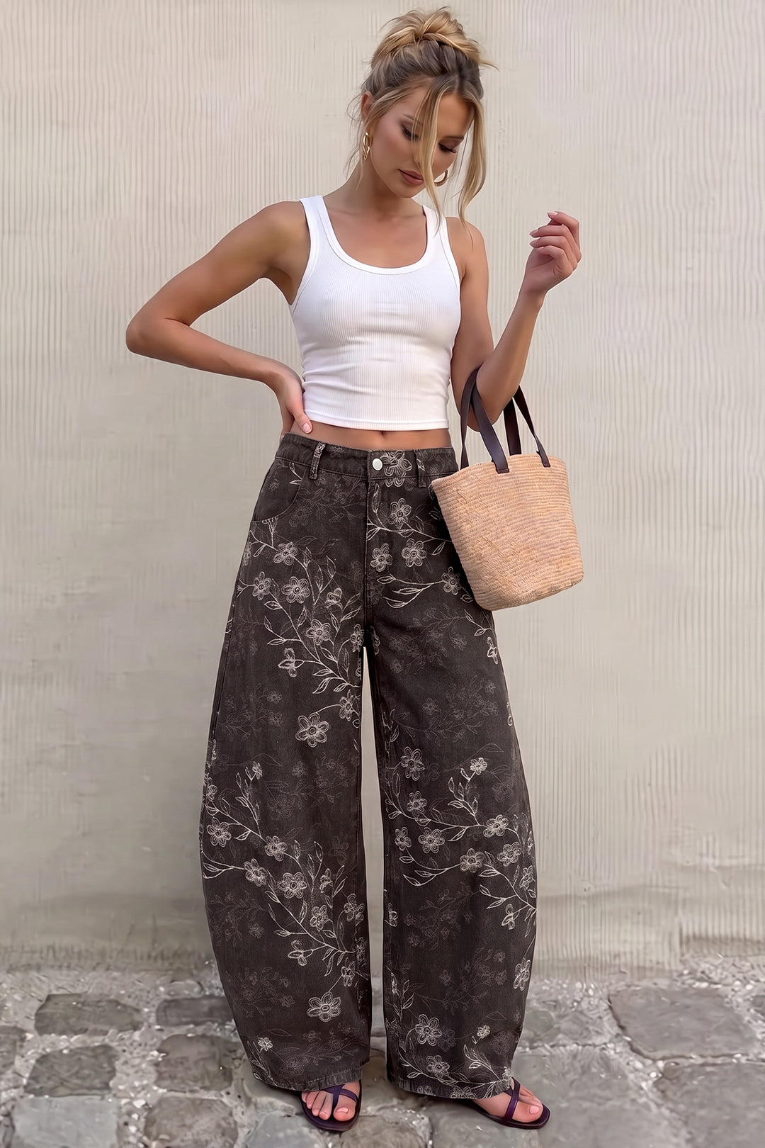 Denim Floral Embroidery Pocket Barrel Jeans