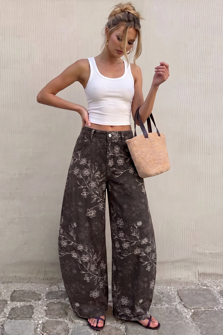 Denim Floral Embroidery Pocket Barrel Jeans