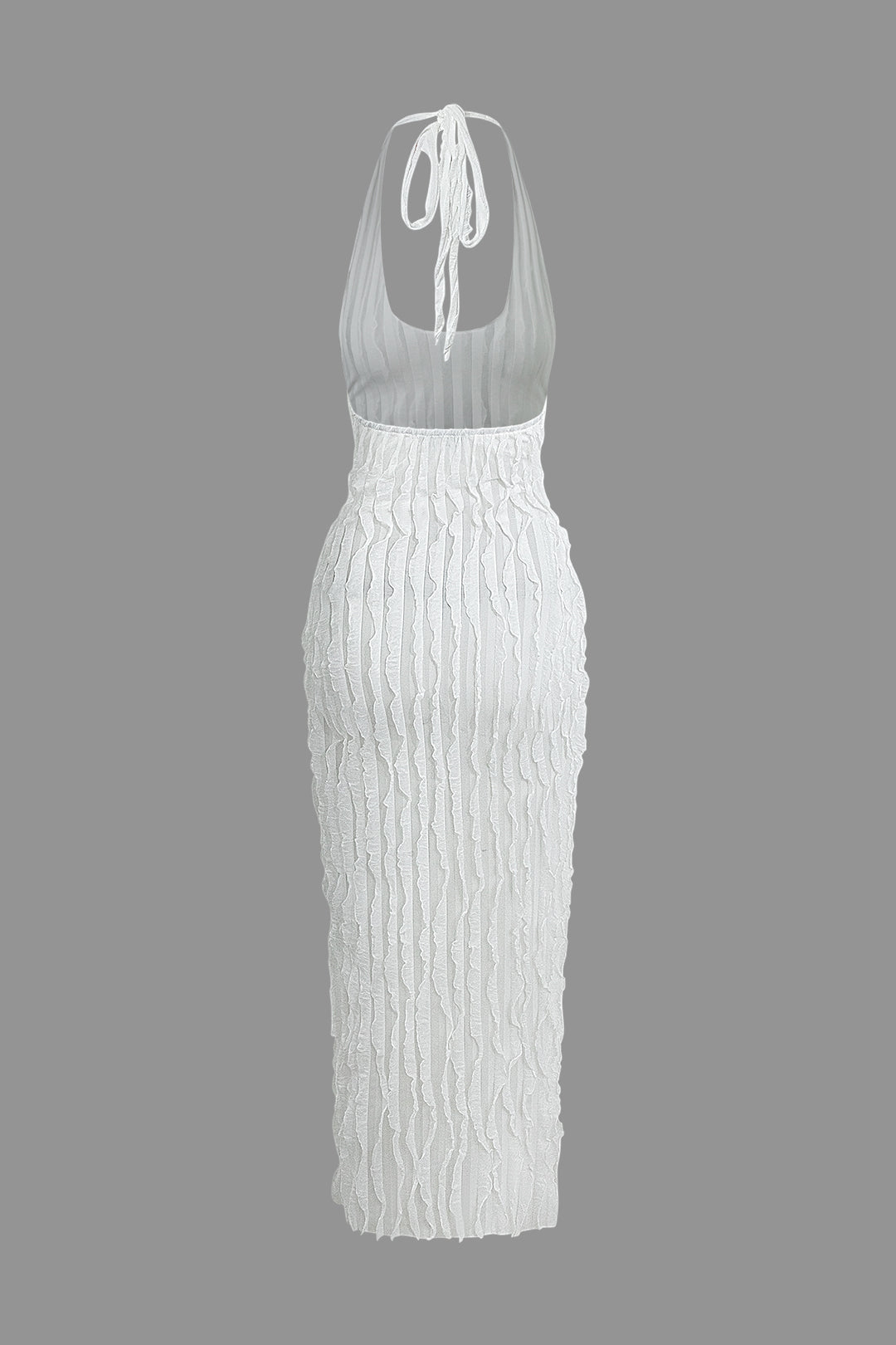 Sheer Mesh Ruffle Texture Halter Backless Maxi Dress