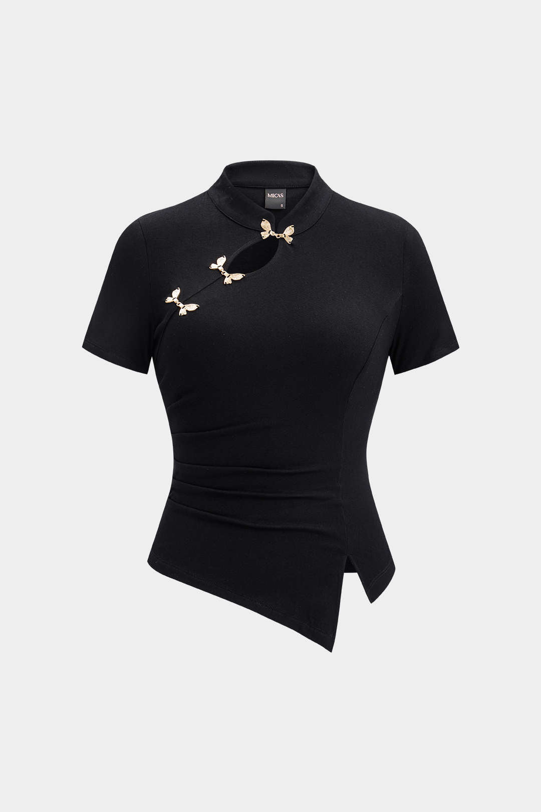 Metallic Buckle Cut Out Asymmetrical Short Sleeve T-Shirt