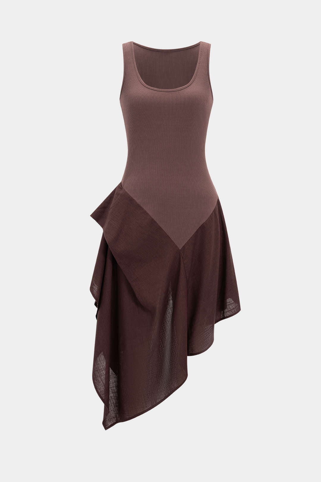Linen Patchwork Ruched Asymmetrical Sleeveless Maxi Dress