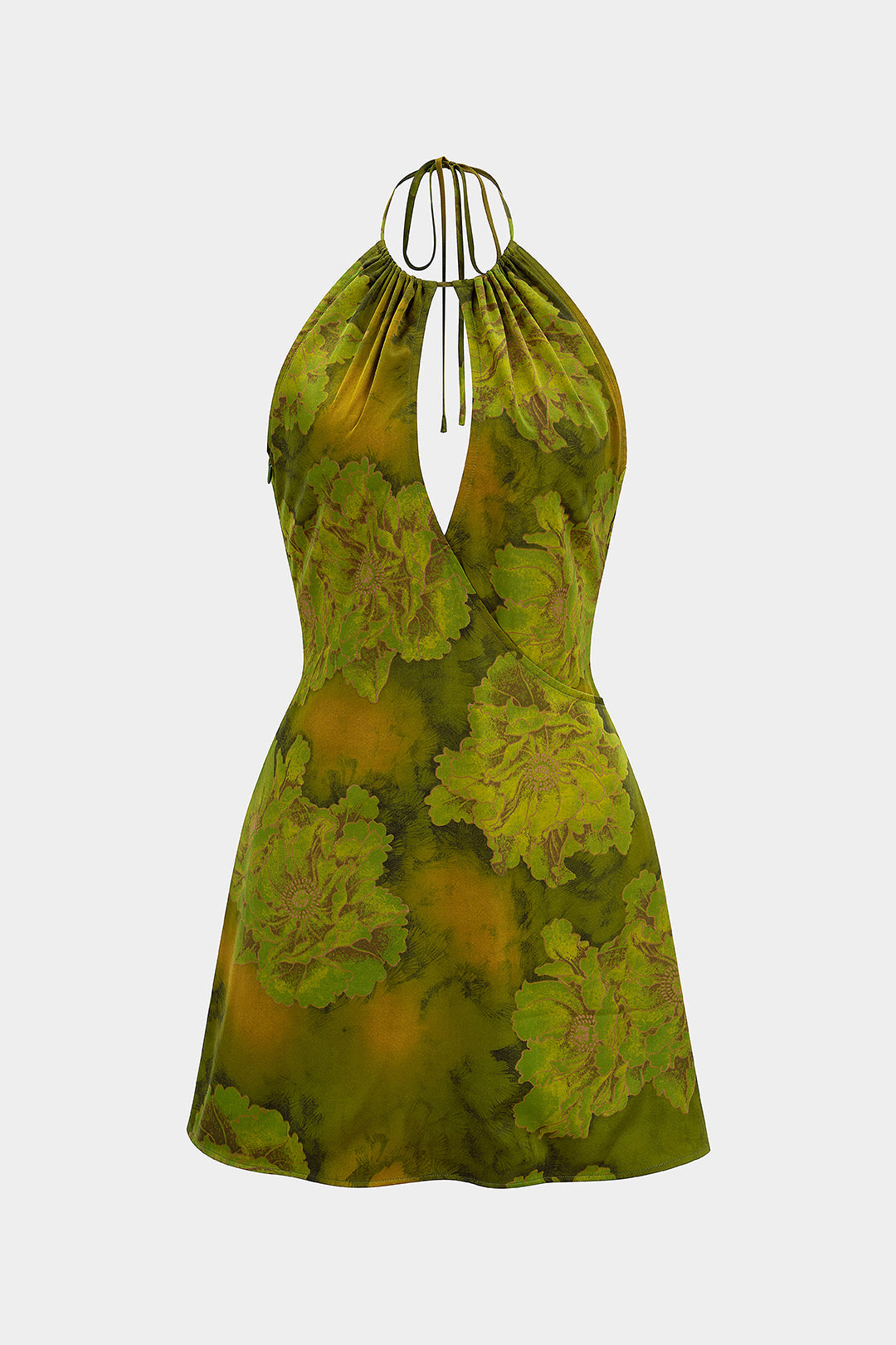 Floral Print Satin Halter Neck Tie-Up Cut Out Sleeveless Mini Dress