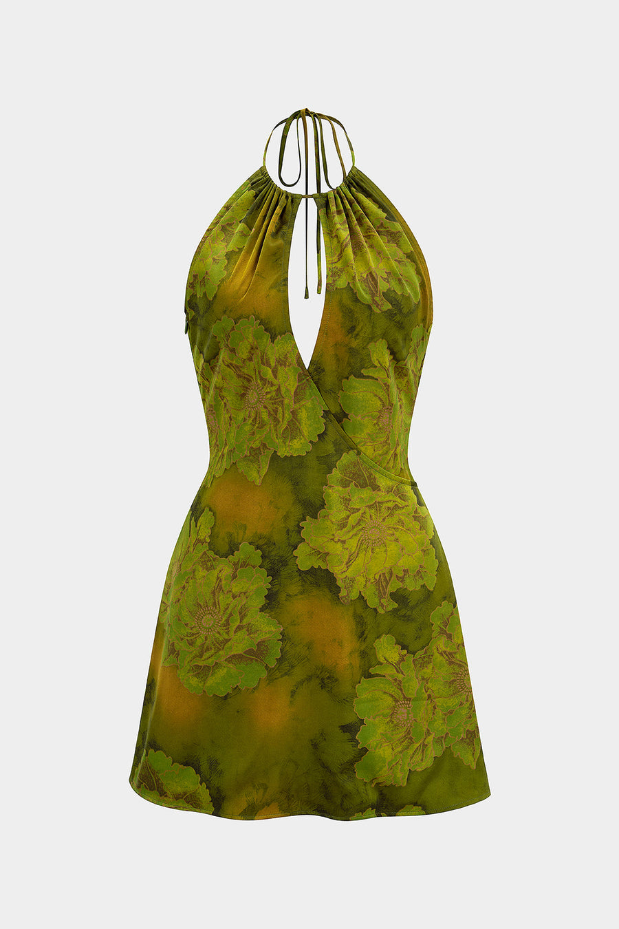 Floral Print Satin Halter Neck Tie-Up Cut Out Sleeveless Mini Dress