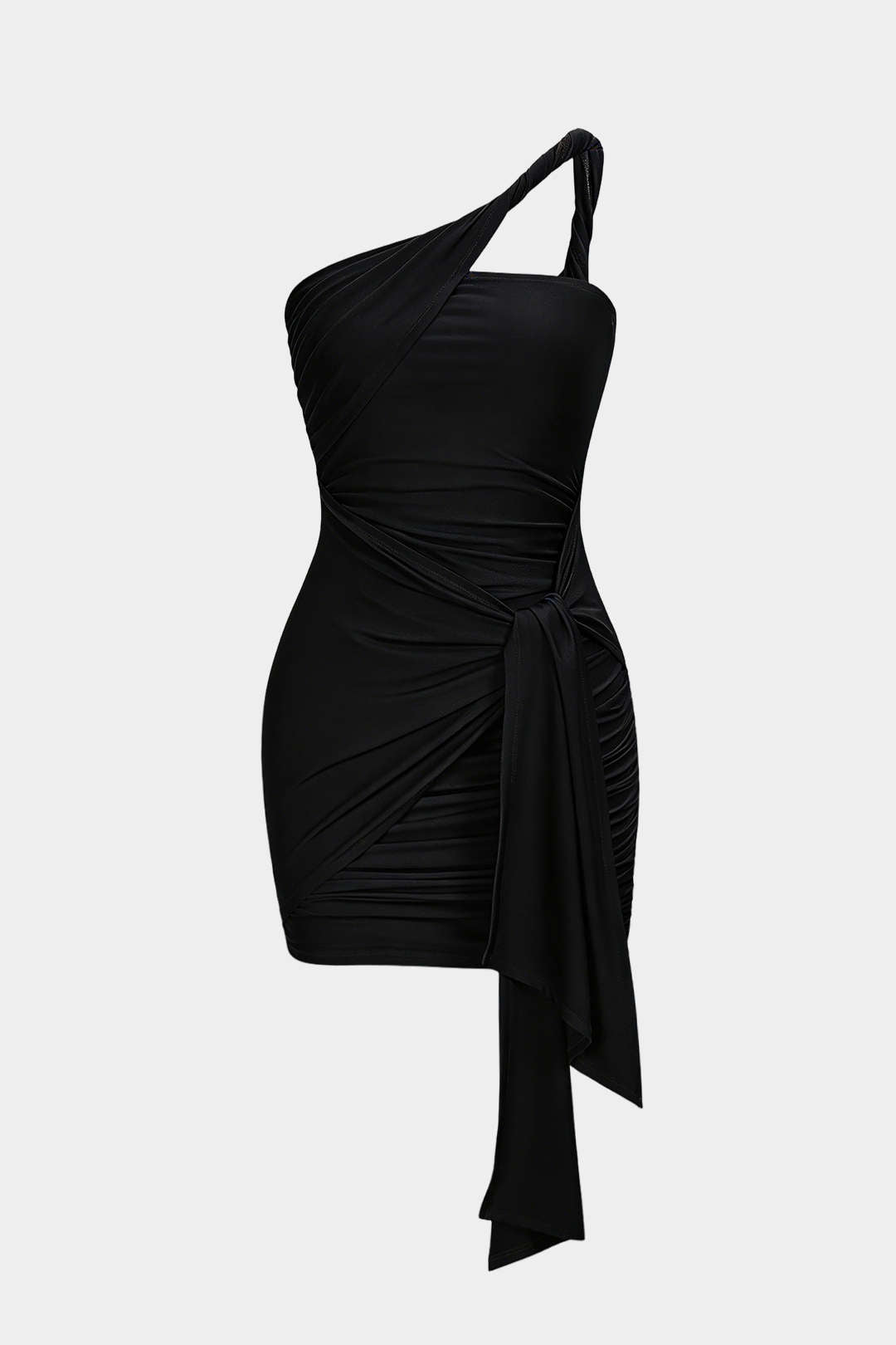 One Shoulder Twist Knot Asymmetrical Tie-Up Ruched Sleeveless Mini Dress