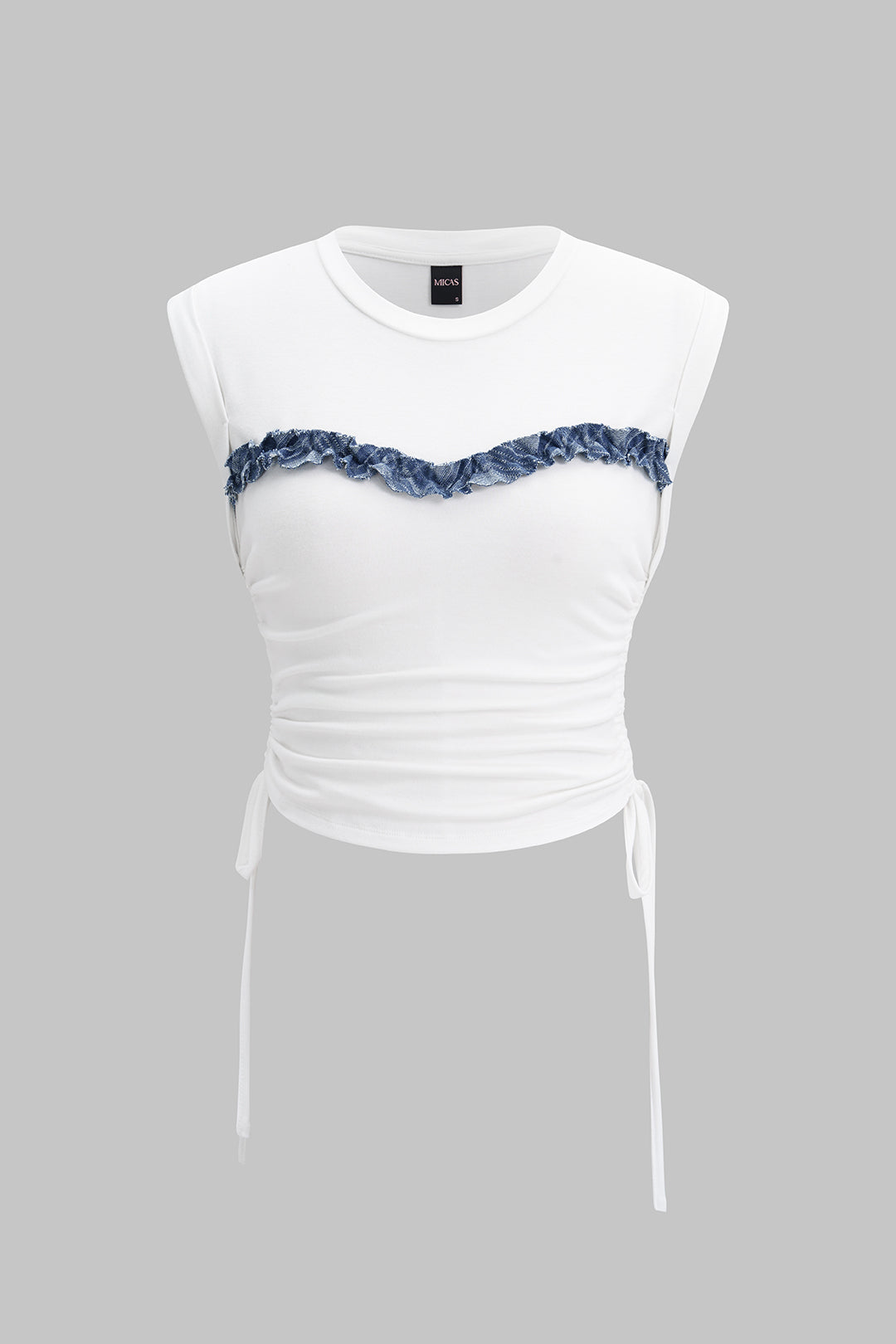 Patchwork Round Neck Tie-Up Short Sleeve T-Shirt