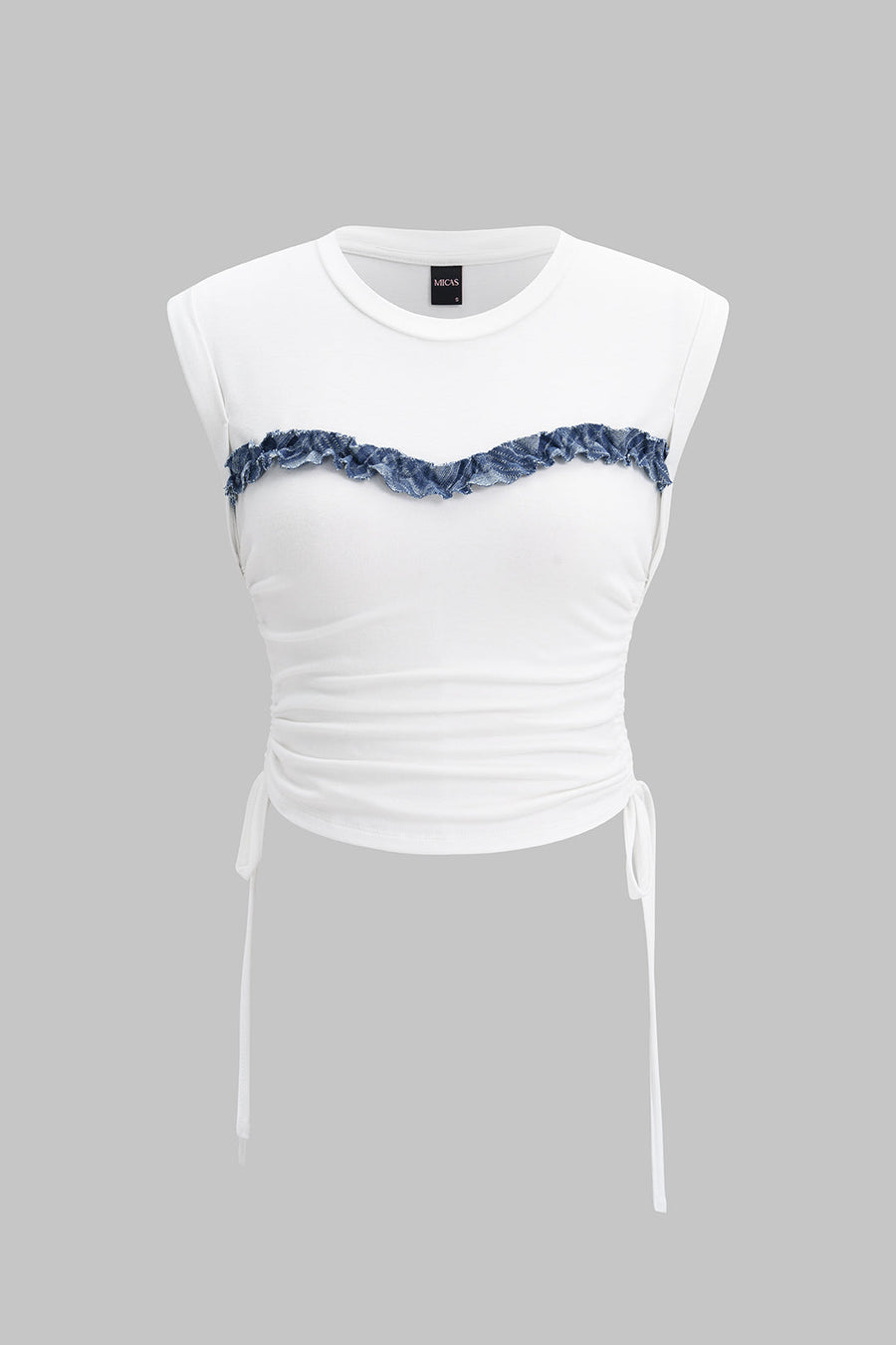 Patchwork Round Neck Tie-Up Short Sleeve T-Shirt