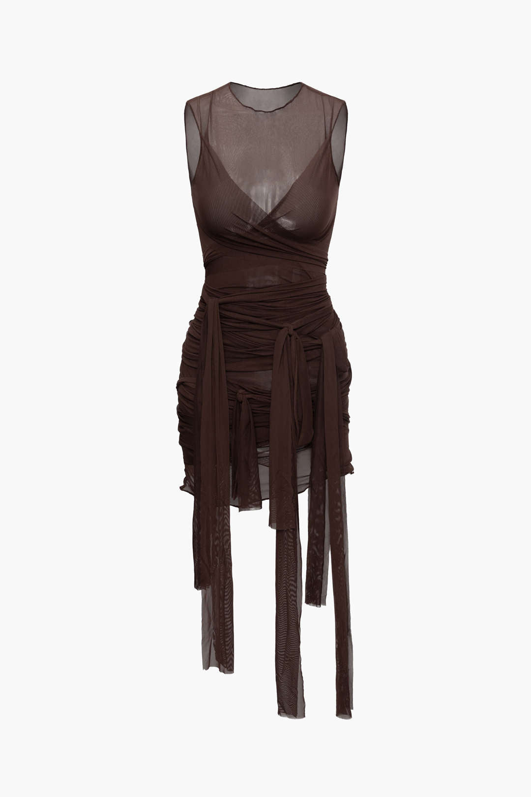 Sheer Mesh Wrap Tie Ribbon Midi Dress