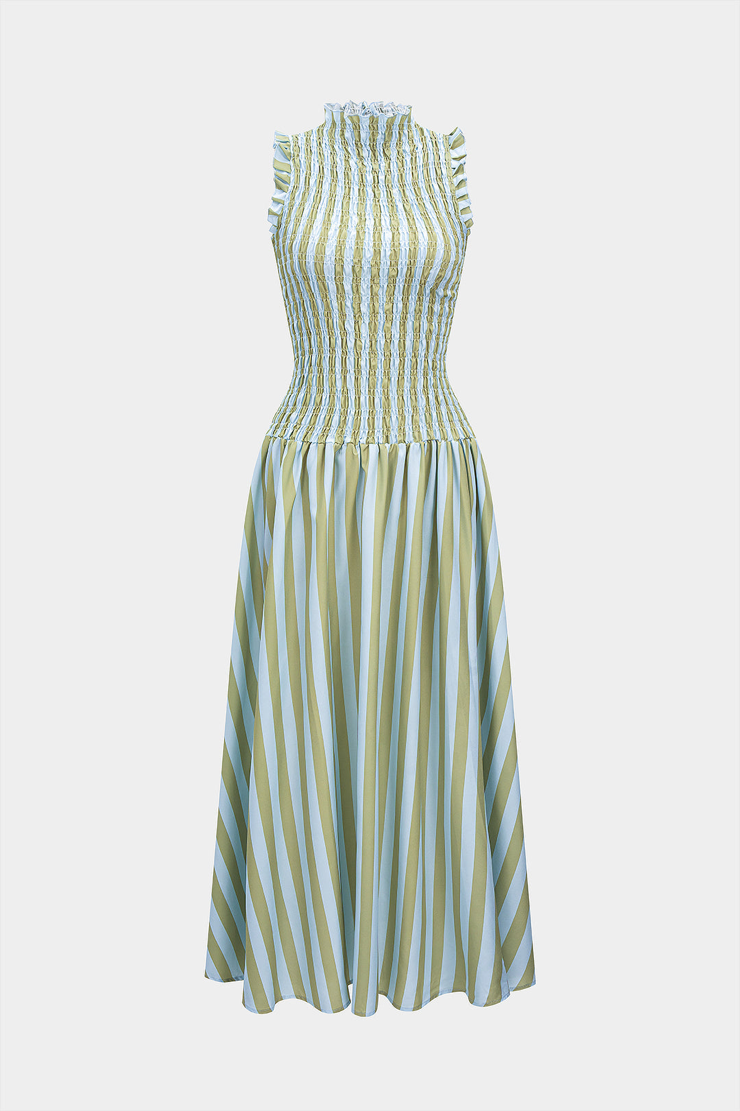 Stripes Print Smocked Scallop Edge Sleeveless Maxi Dress