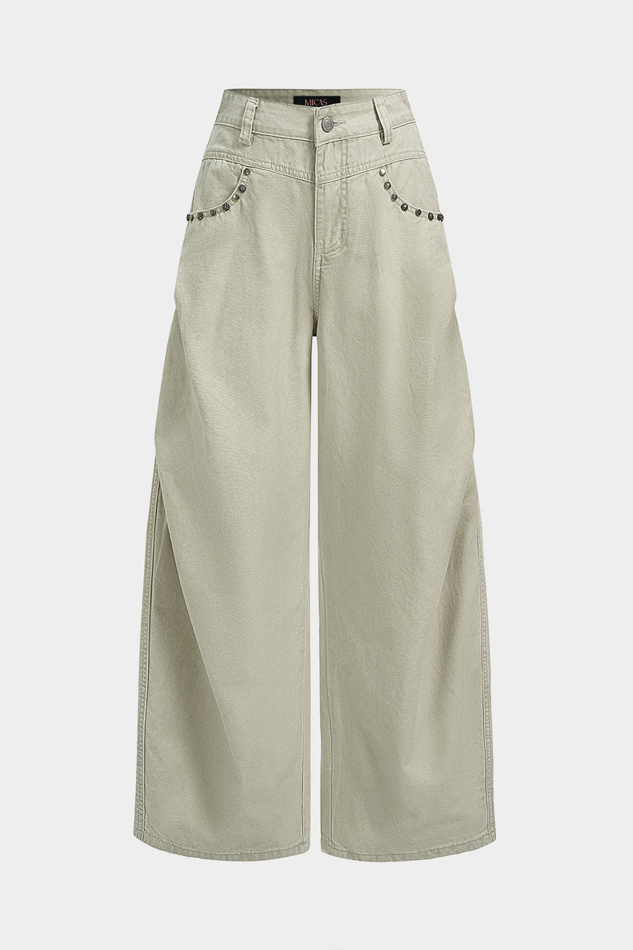 Denim Studded Rivet Ruched Wide Leg Jeans