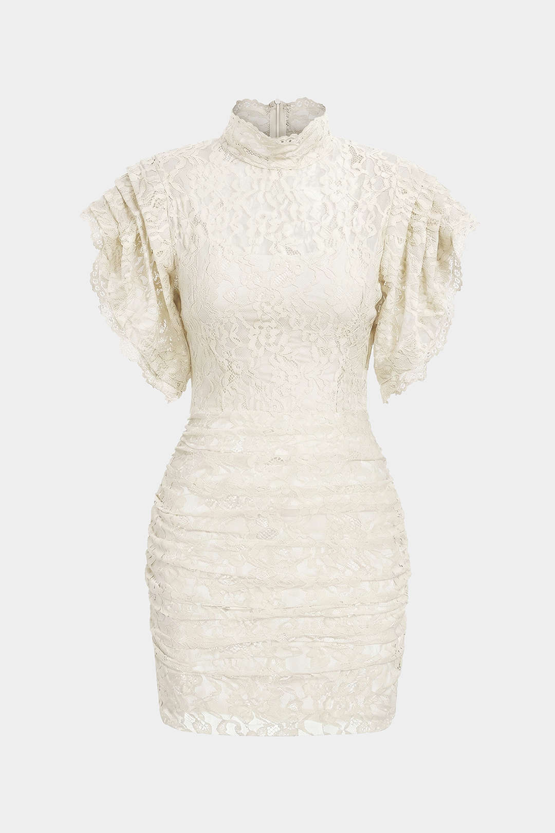 Sheer Lace Mock Neck Ruched Short Sleeve Mini Dress