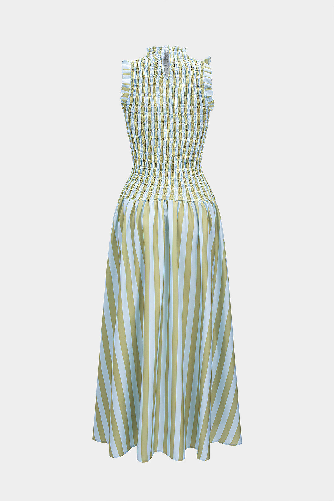 Stripes Print Smocked Scallop Edge Sleeveless Maxi Dress