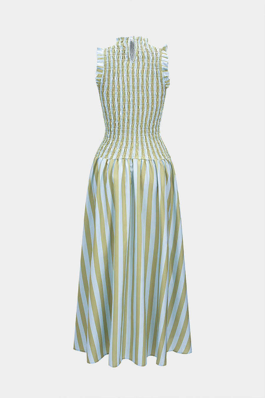 Stripes Print Smocked Scallop Edge Sleeveless Maxi Dress