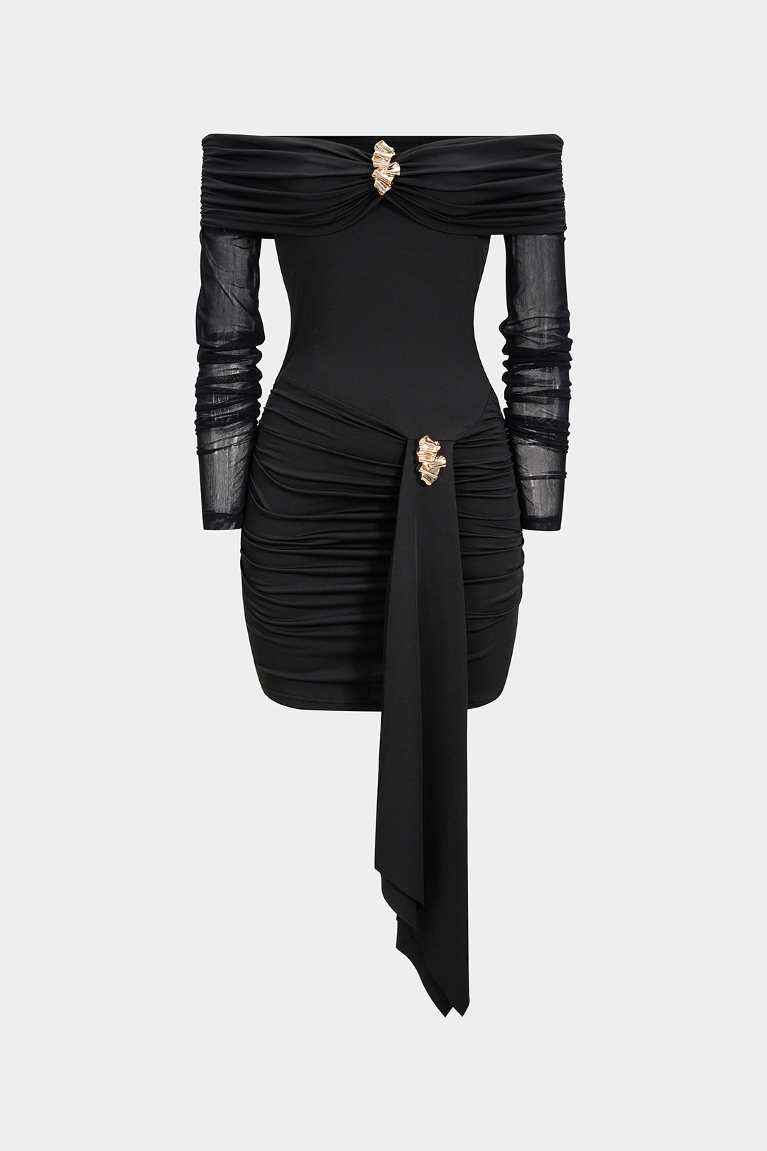 Off Shoulder Sheer Metallic Decor Ruched Long Sleeve Mini Dress