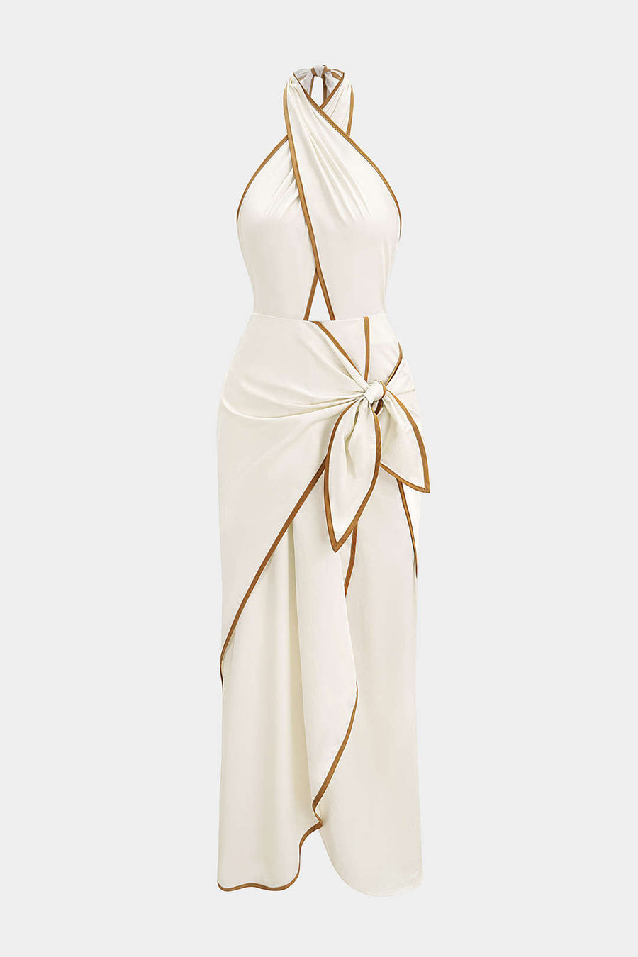 Contrast Binding Crossed Halter Asymmetrical Tie-Up Backless Sleeveless Midi Dress