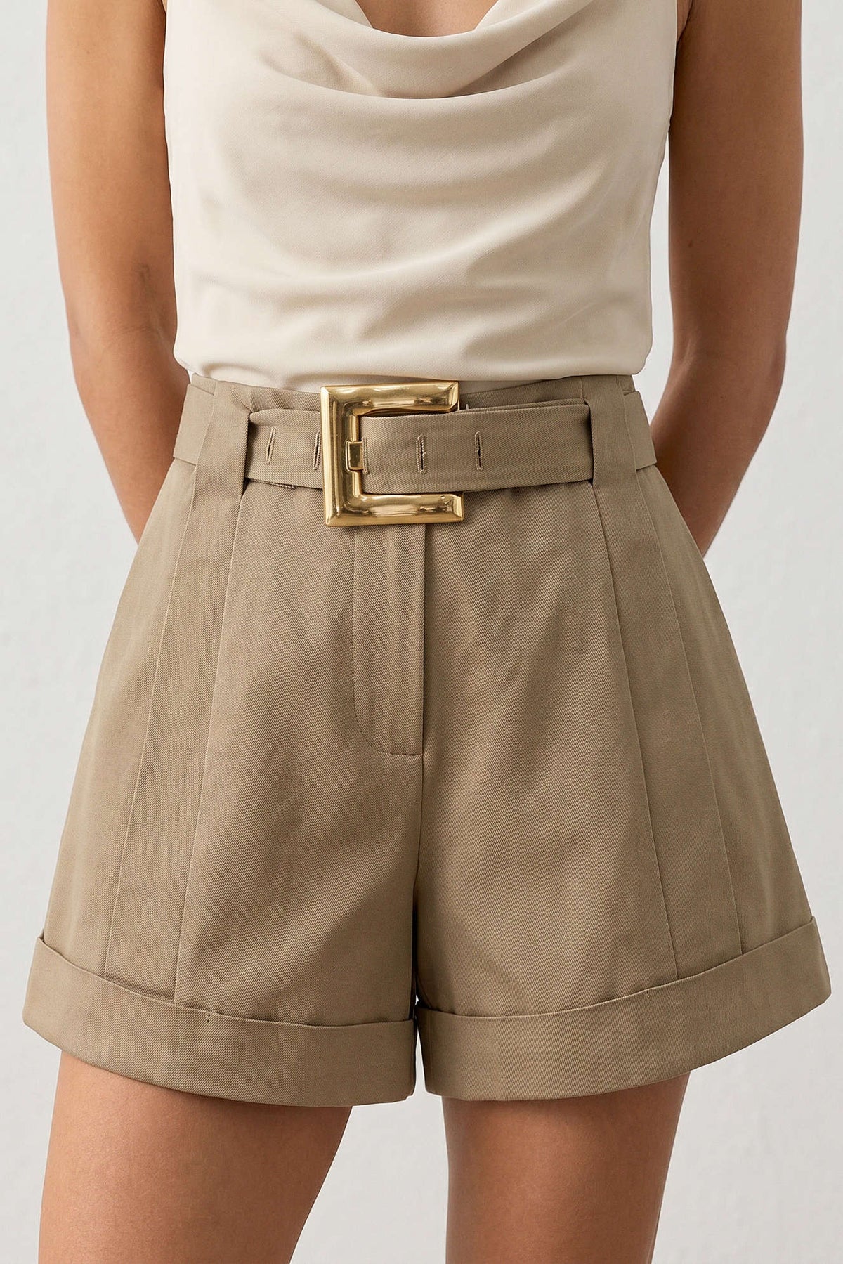 Metallic Belted Cuffed Shorts