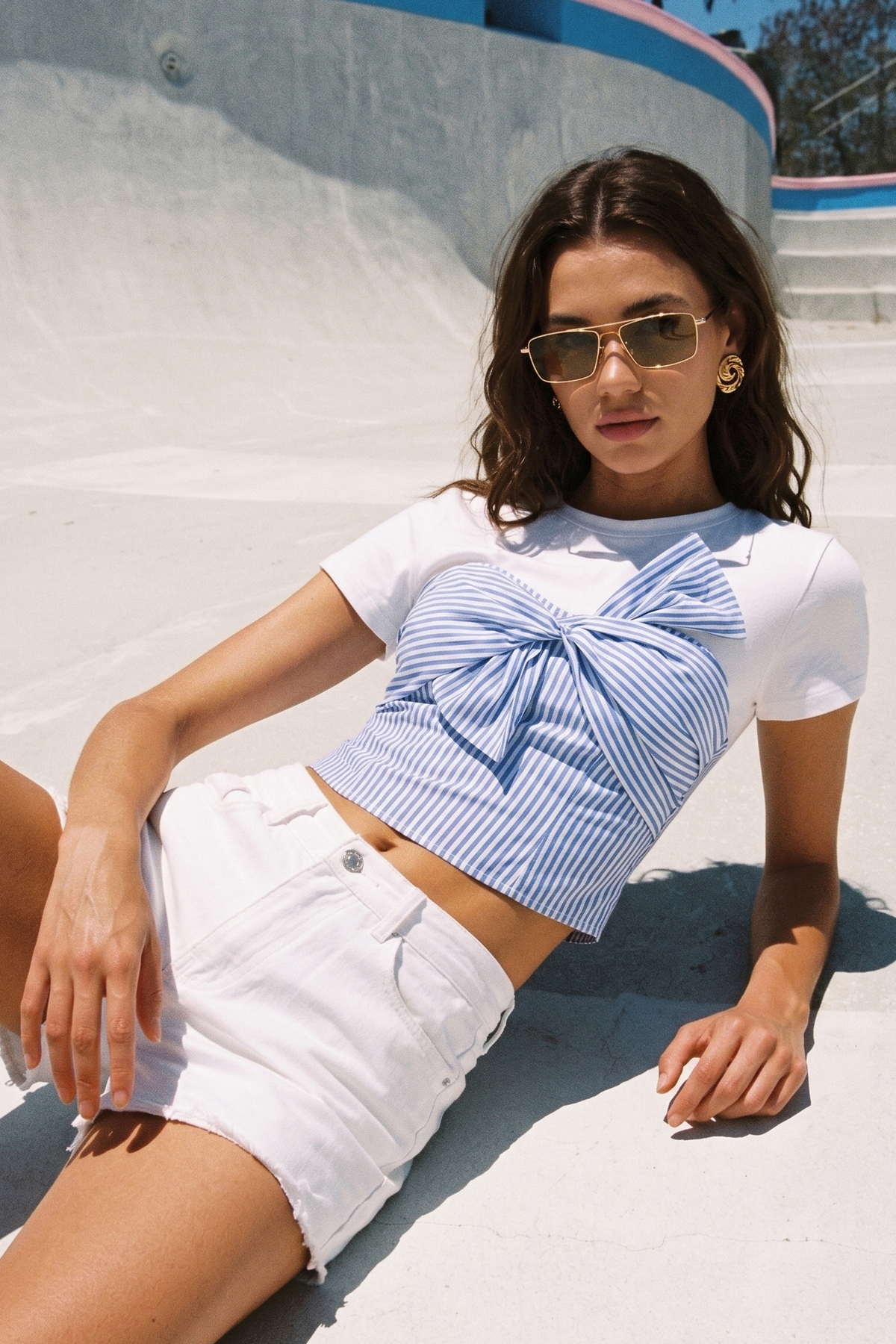 Stripes Print Patchwork Knotted Short Sleeve T-Shirt