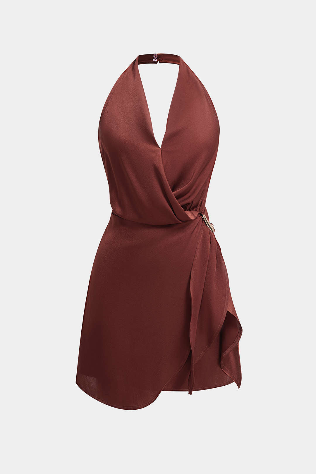 Satin Halter Neck Ruched Backeless Sleeveless Mini Dress