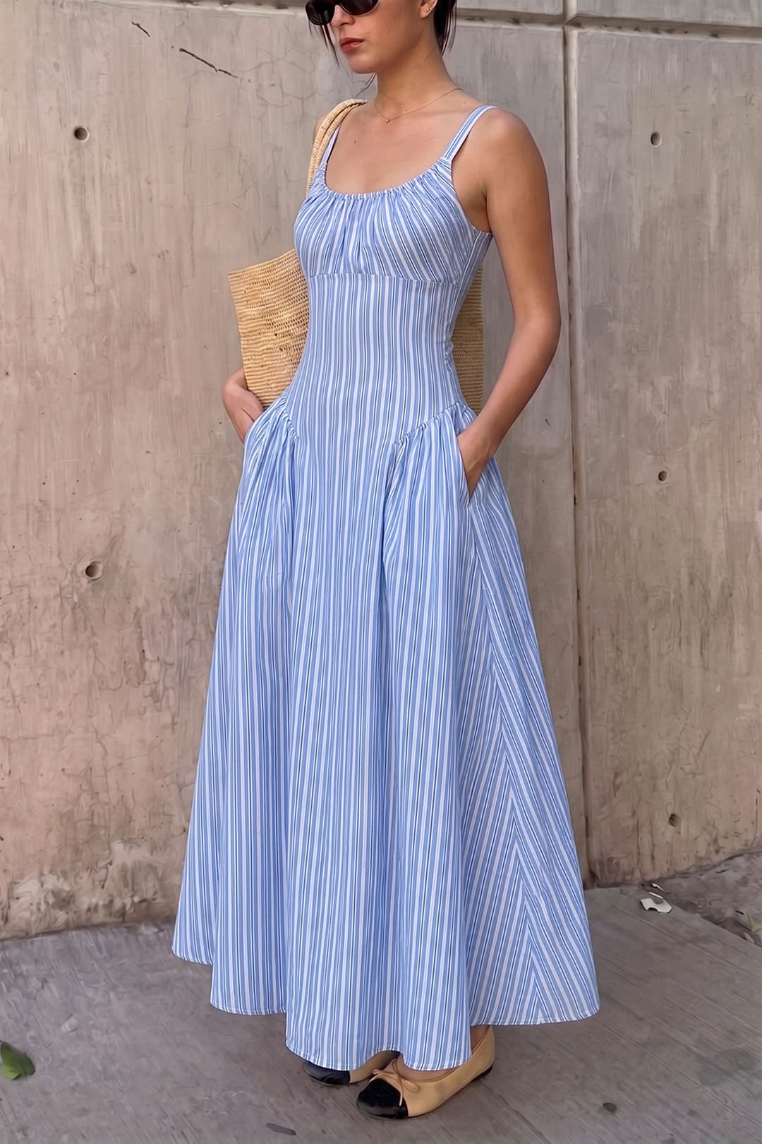 Stripes Print Round Neck Pocket Sleeveless Maxi Dress