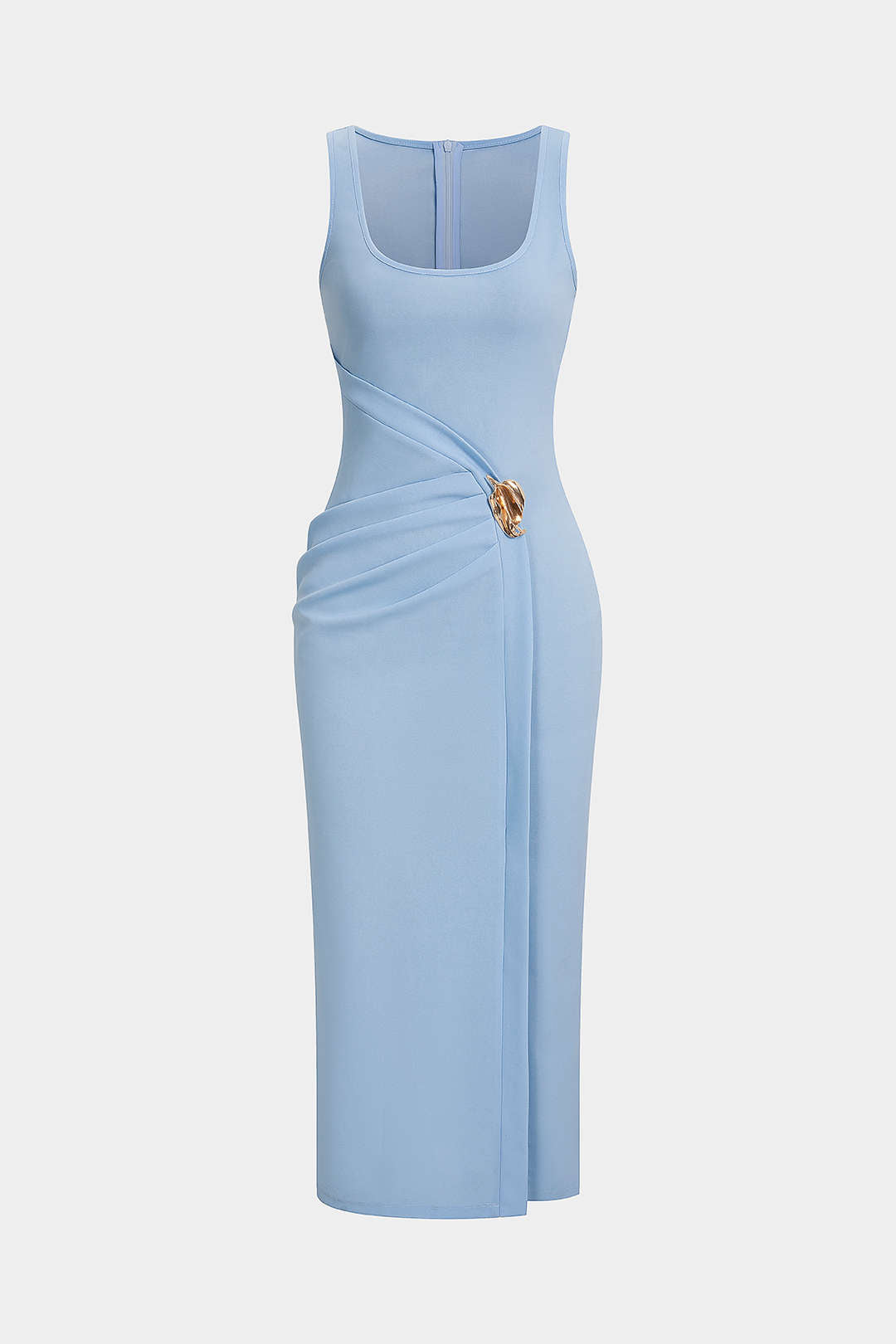 U-Neck Metallic Asymmetrical Ruched Zipper Sleeveless Midi Dress