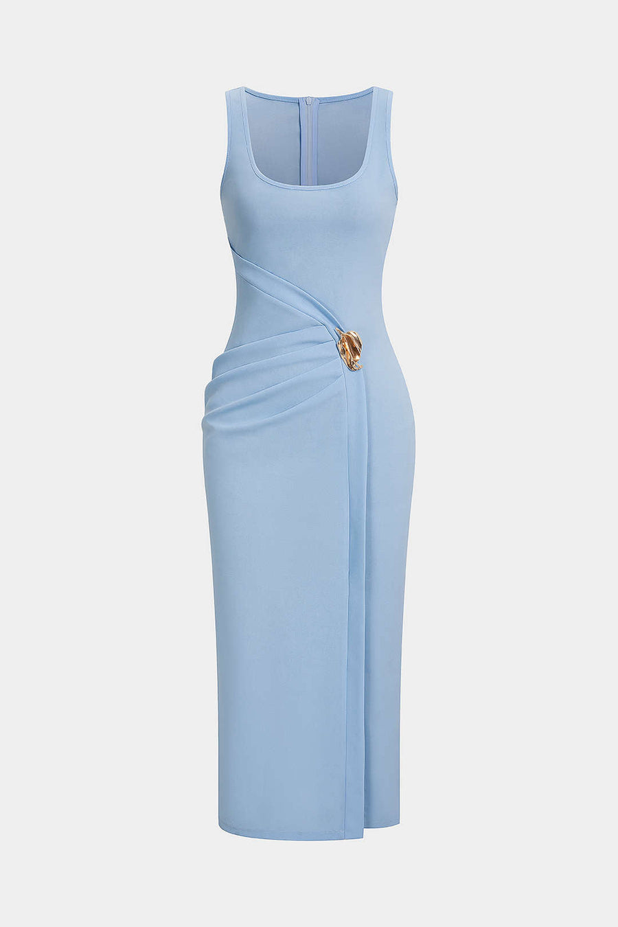 U-Neck Metallic Asymmetrical Ruched Zipper Sleeveless Midi Dress