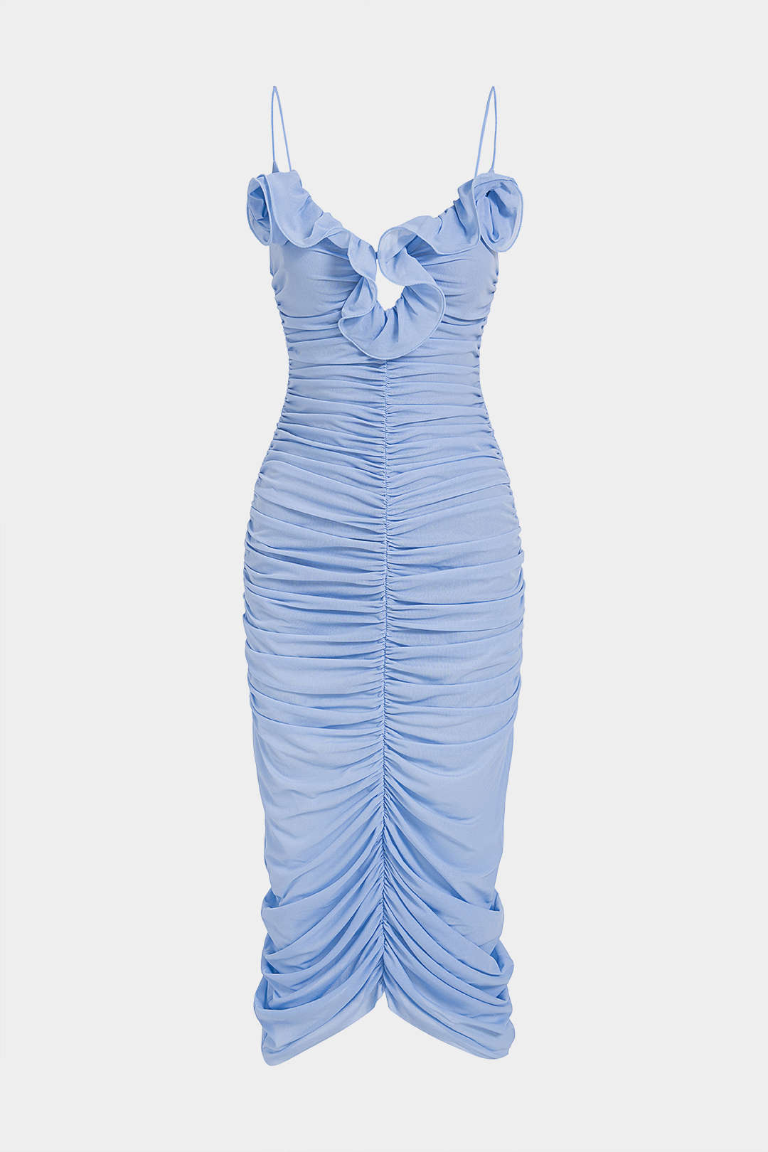 Scallop Edge Mesh Ruched Sleeveless Midi Dress